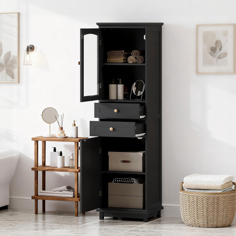 Vitrine autoportante de 160 cm de haut avec portes vitrées, tablettes ajustables et 2 tiroirs, Noir