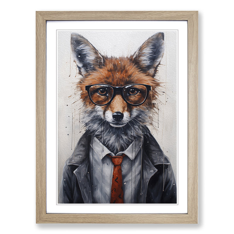 Fox with Glasses Painting - Framed Print, 46cm H x 34cm W x 2cm D, Oak