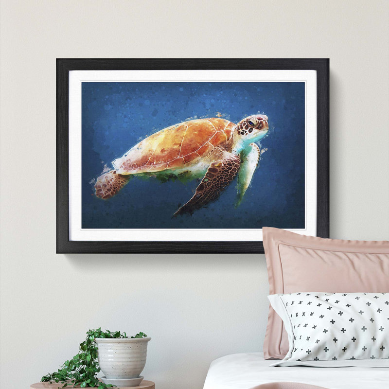 Sea Turtle in the Blue Ocean in Abstract - Picture Frame Painting Print, Black, 50cm H x 76cm W x 2cm D