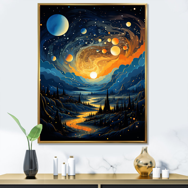 Bleu et orange, planète cosmique Constellations I - art mural de la planète espace, Cadre flottant doré, H 40 po x l 30 po