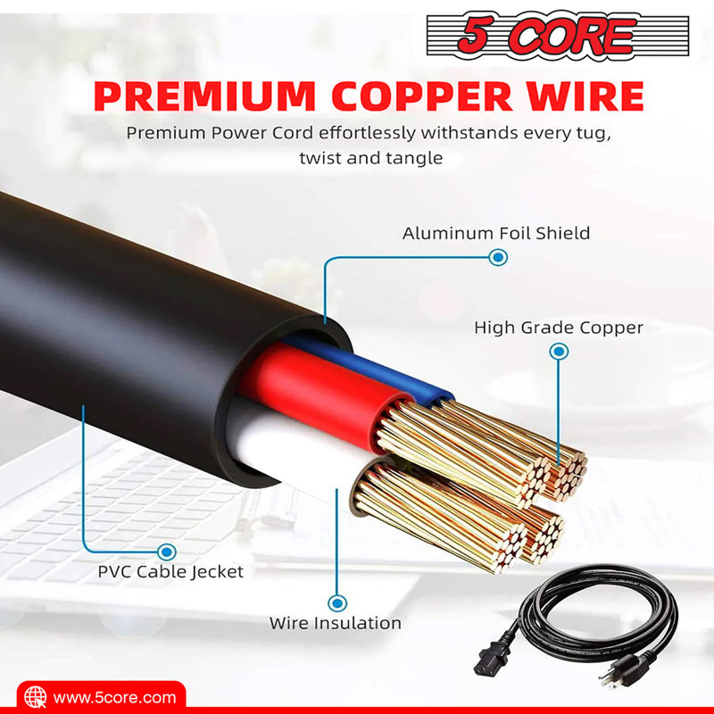 5 Core AC Power Cord 10 Ft 3 Prong Extension Adapter 16AWG/2C 125V 13A US Polarized Male- Female