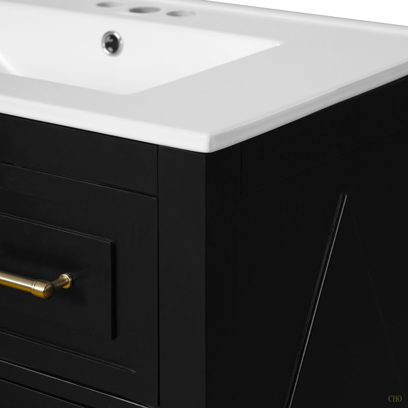 Ensemble de meuble-lavabo simple 30 po avec 3 tiroirs, meuble-lavabo autoportant avec cadre en bois massif 30 po, Noir/or