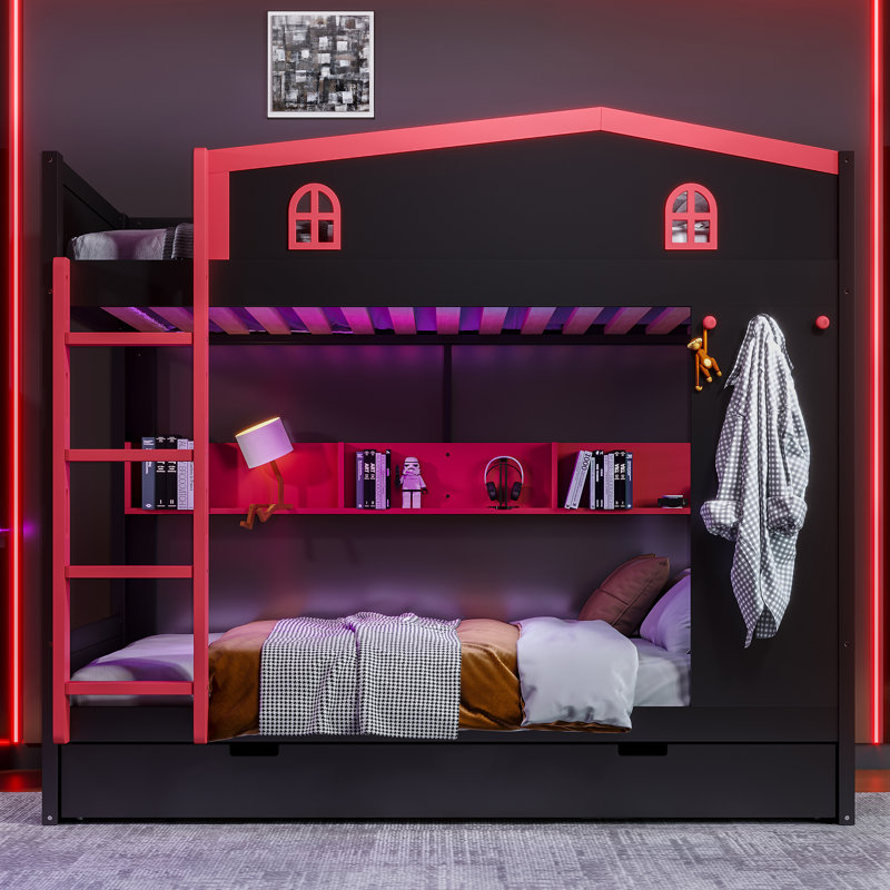 Queen over Queen Bunk Bed with Trundle, Solid Wood Bunk Beds with Storage Shelves & Hooks, No Box Spring Needed,Black&Red