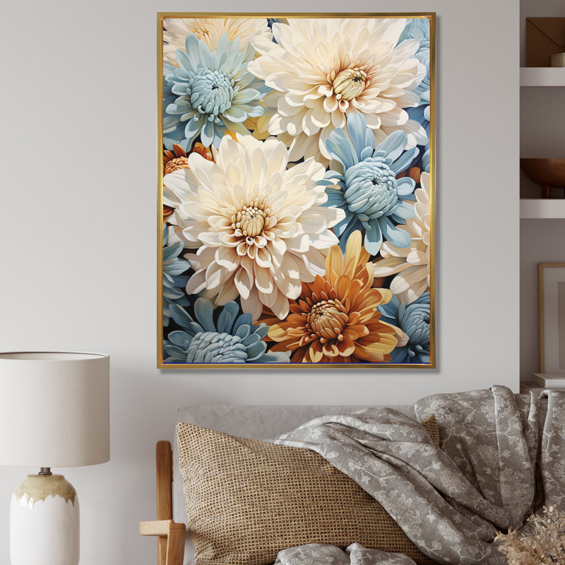 «Mums White and Blue Elegance III», reproduction sur toile, H 20 po x l 12 po x P 1 po, Cadre flottant doré
