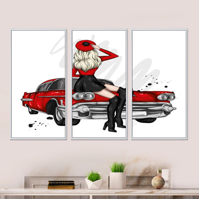 «Young Woman on a Retro Car I», reproduction de cadre flottant sur toile 3 pièces