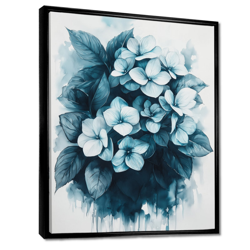 Monogramme d'hortensia monochrome - art mural hortensia, Noir, Impression encadrée flottante, H 20 po x l 12 po