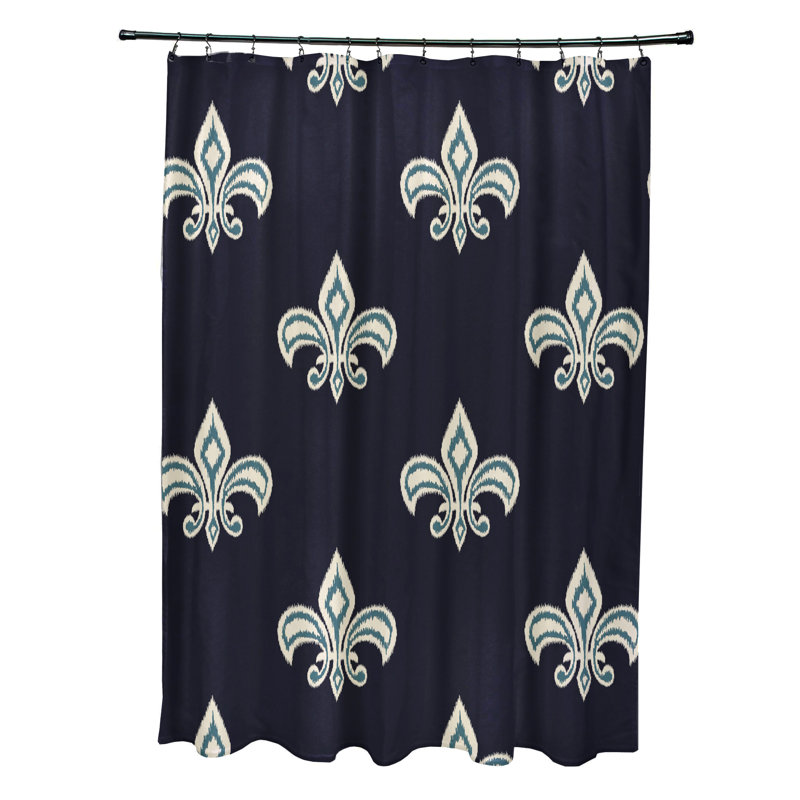 Rideau de douche simple fleur de lis ikat print Ruelas, Bleu marine