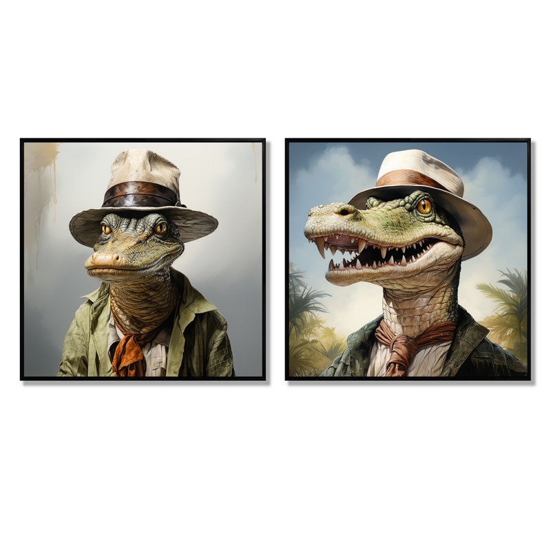«Alligator campagne en costume I», ensemble de salon mural en alligator / crocodile, Cadre flottant noir