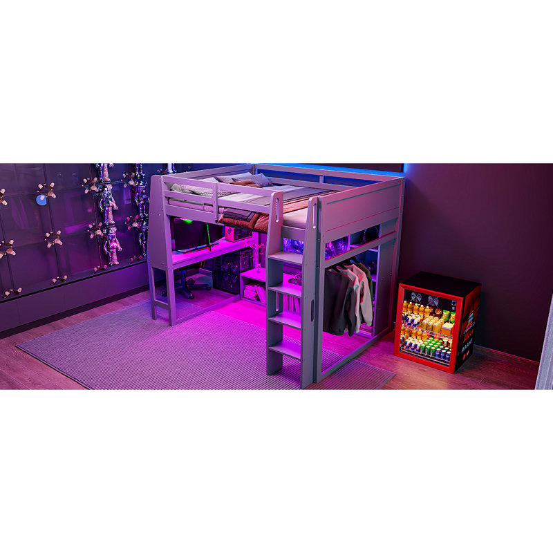 Lit mezzanine pour jouer en bois gris avec bureau intégré, plusieurs espaces de rangement, éclairage à DEL et portemanteau suspendu. Conception peu encombrante pour optimiser la chambre à coucher avec solution de rangement à DEL