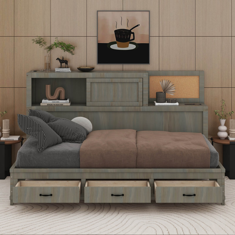 Lit de jour en bois avec 3 tiroirs de rangement, tablette souple supérieure, tablette et ports USB, Gris, Lit simple