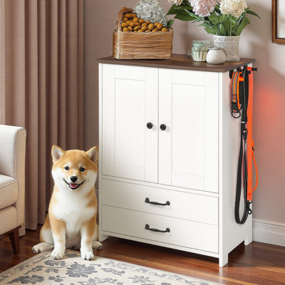 Double Door Locker, Dog Feeding Station With 2 Adjustable Dog Bowls, 3 Hooks And Large Storage Space