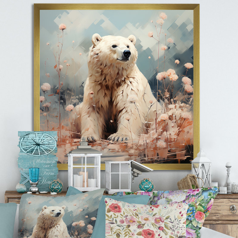 Ours polaire dans une sérénité pastel sur toile, H 24 po x l 24 po x P 1 po, Encadrement doré