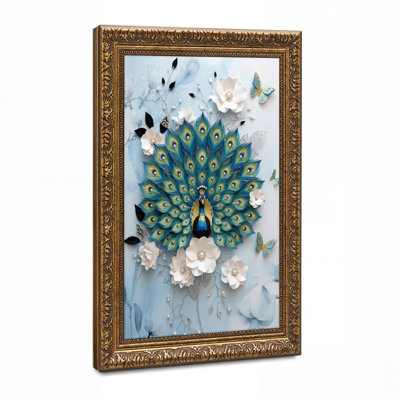 Art mural en toile noyer doré encadré pour le salon, la chambre à coucher, le bureau ou le vestibule - décoration murale décorative avec motif floral paon