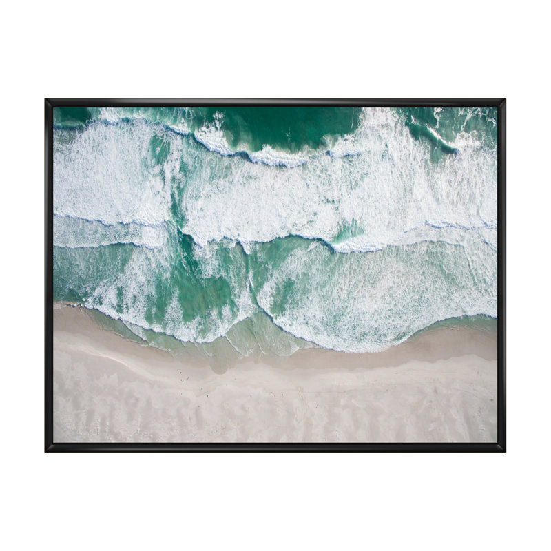 Vue aérienne de Ocean Beach - reproduction sur toile, H 24 po x l 36 po x P 1 po, Cadre flottant noir