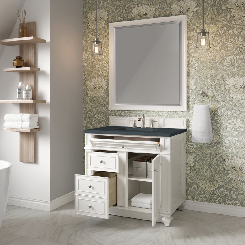 Meuble-lavabo simple 36 po Calisto, Blanc éclatant, Savon gris anthracite, 8 po