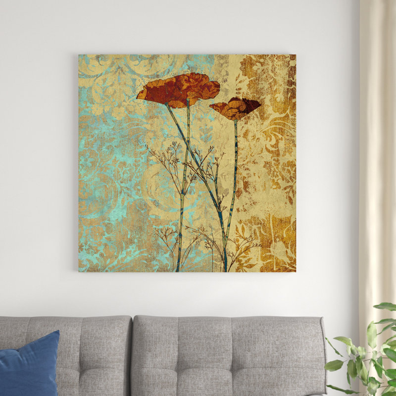 Coquelicots et damas II, H 36 po x l 36 po x P 1,25 po