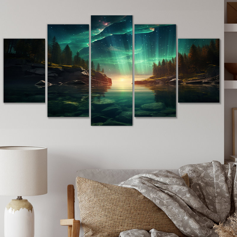 «Magical Lake Landscape Aurora Borealis I», reproduction d'art sur toile Northern Lights - 5 panneaux