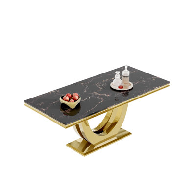 Printed Marble Mdf Top Rectangular Dining Table Marble Top Metal Base Dining Table