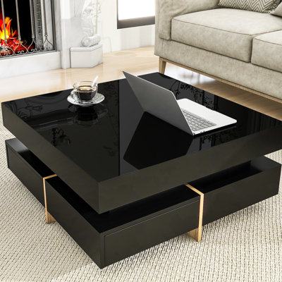 Table basse carrée noire avec 4 tiroirs et finition brillante, 31,5 po x 31,5 po Mobilier de salon: Tiroirs, 31,5 po x 31,5 po