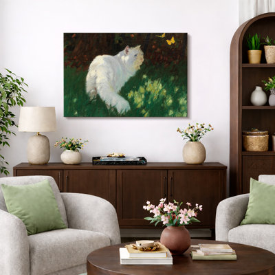 Art de chat blanc dans un pré vert, images de salon, impression sur toile encadrée sur toile.