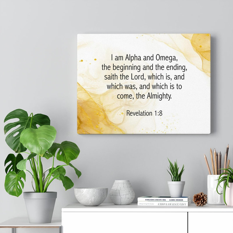 «I Am Alpha and Omega Revelation», art textuel sur toile tendue, H 18 po x l 24 po x P 1,25 po