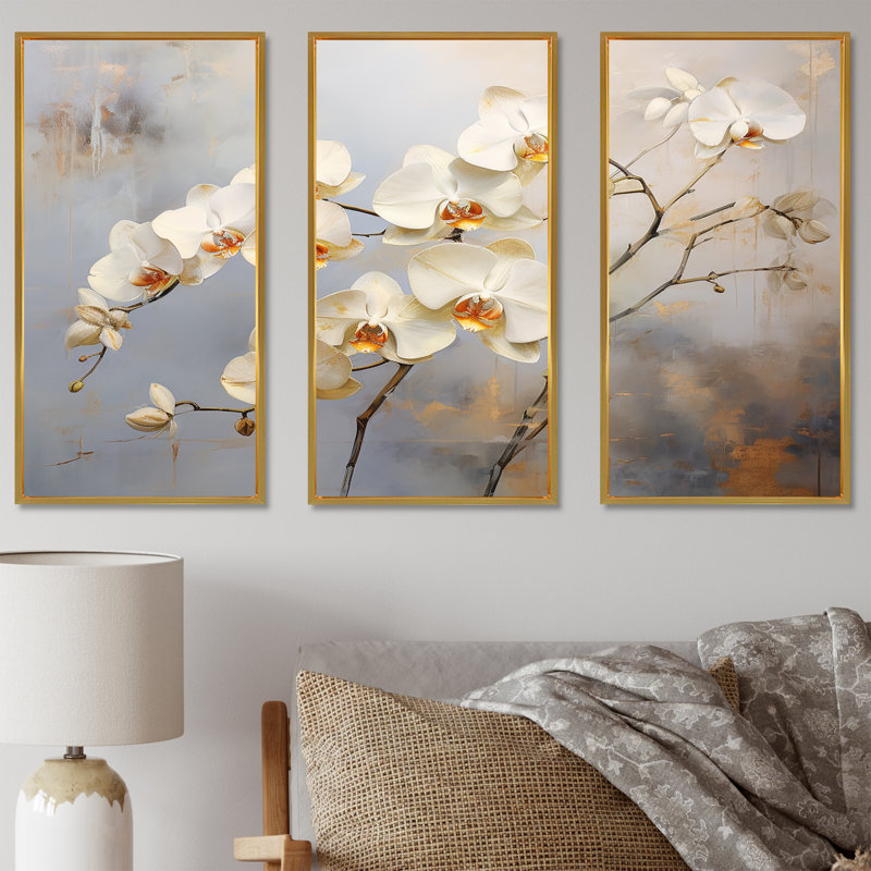 Minimalisme, ensemble d'orchidées sur toile beige et or III, Cadre flottant doré, H 32 po x l 48 po x P 1 po