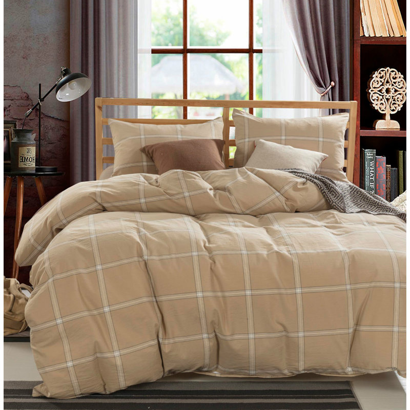 Ensemble de housse de couette en coton 3 pièces Windowpane, Chameau, Housse de couette grand et 2 taies décoratives