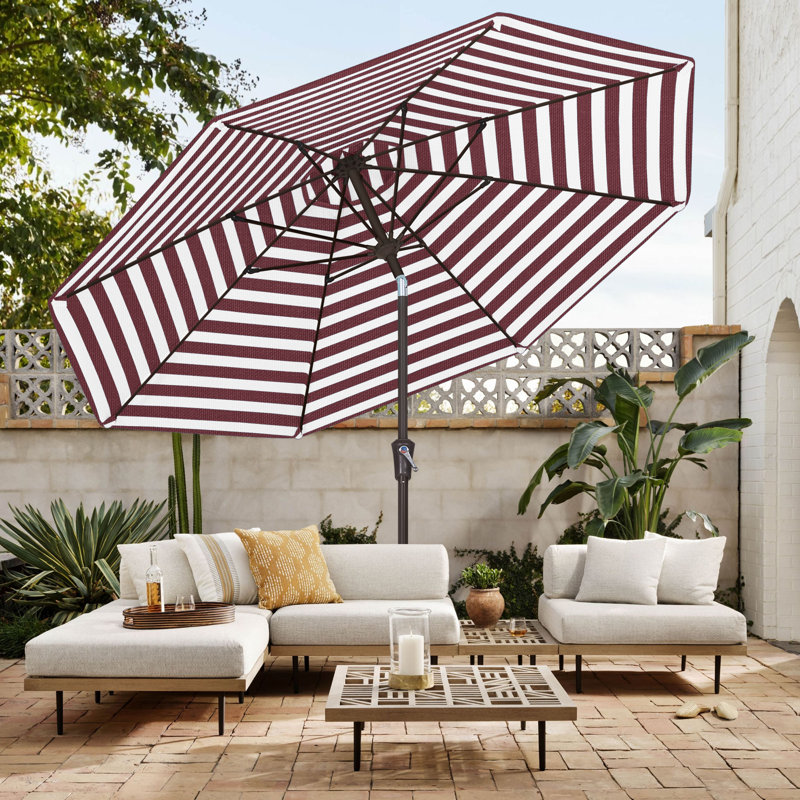 Parasol de marché en oléfine 9 'avec inclinaison et manivelle, Rayures merlot