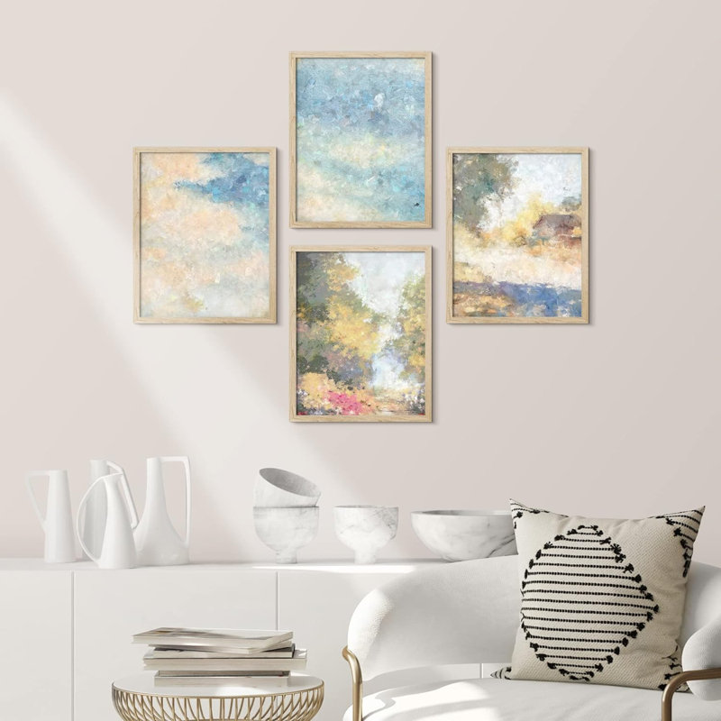 «Watercolor Forest Tree Landscape Collage», ensemble de 4 impressions murales géométriques abstraites encadrées sur papier, impression de 4 pièces