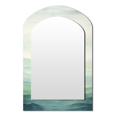 Minimalism Harmonic Horizon Landscape I - Minimalism Arch Unique Wall Mirror Decor, Green Asymmetrical Large Mirror, Printed Metal Art