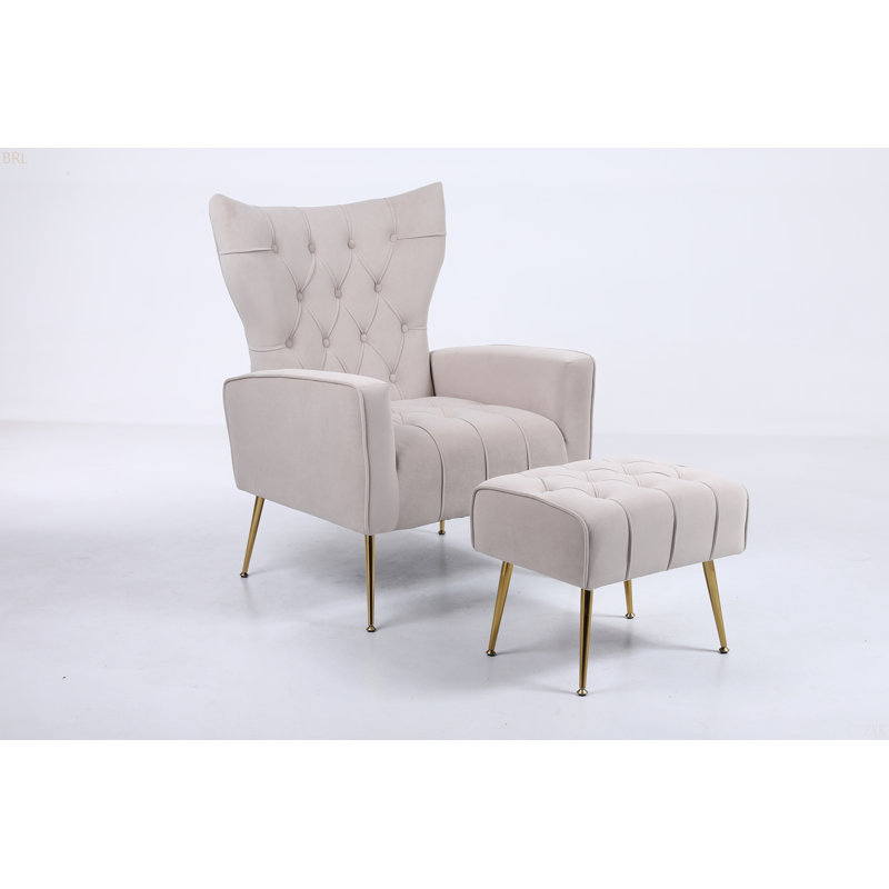 Chaise d'appoint rembourrée avec coussins capitonnés et repose-pieds, Beige