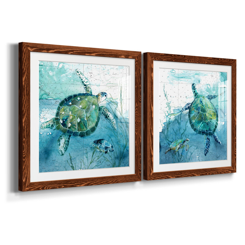 «Island Swim I», ensemble de 2 peintures, Papier dans un cadre photo, H 17 po x l 34 po, Noyer