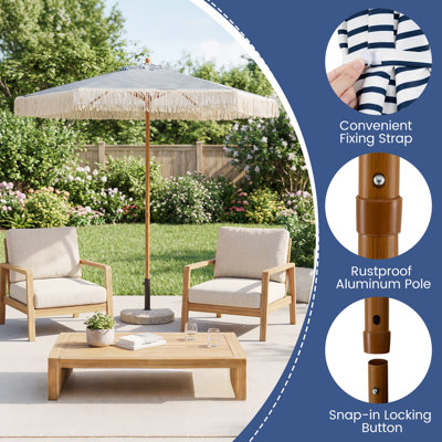 Parasol de patio 7 pi avec bordure en polyester à protection solaire, joli parasol de plage bleu + blanc + naturel