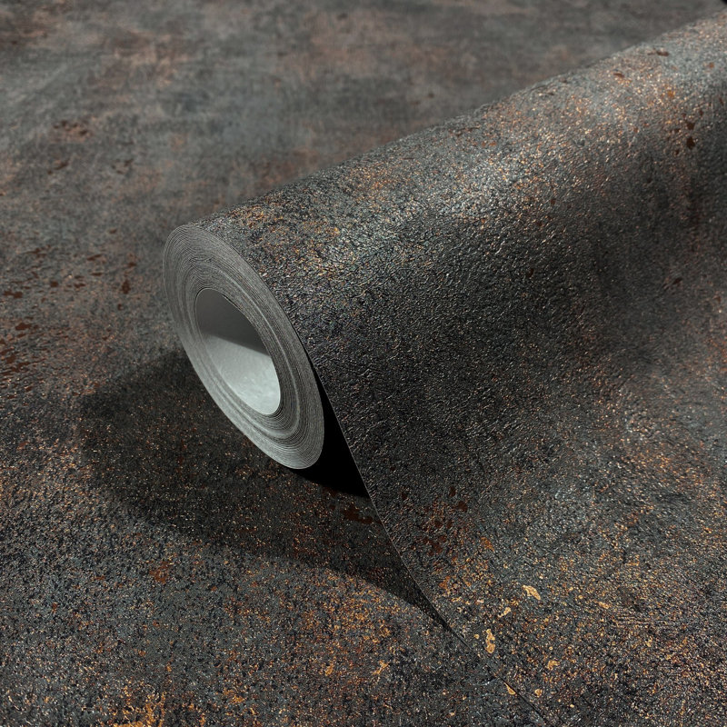 Textures Collection Industrial Distressed Plain Metallic Elements Finish Wallpaper Roll, Black/Gold