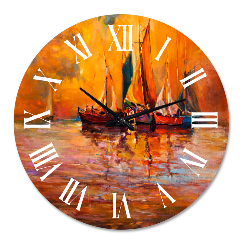 Bateaux sur l'océan pendant le coucher du soleil I - horloge murale nautique et côtière, Grand