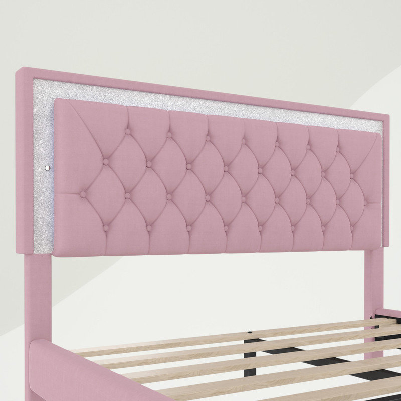 Grand lit plateforme tapissier avec tête de lit capitonnée, lit plateforme en velours avec lumières DEL, Rose