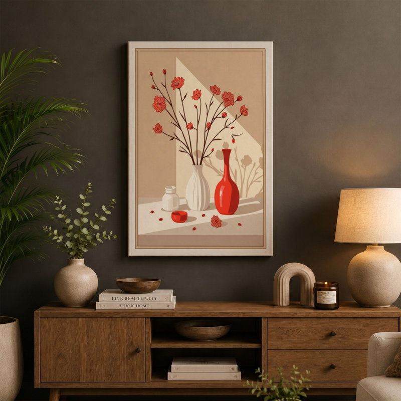 Red Vase and Carnations Art Deco - Wrapped Canvas, 18x12 - 45.7 x 30.5 cm, Black Border
