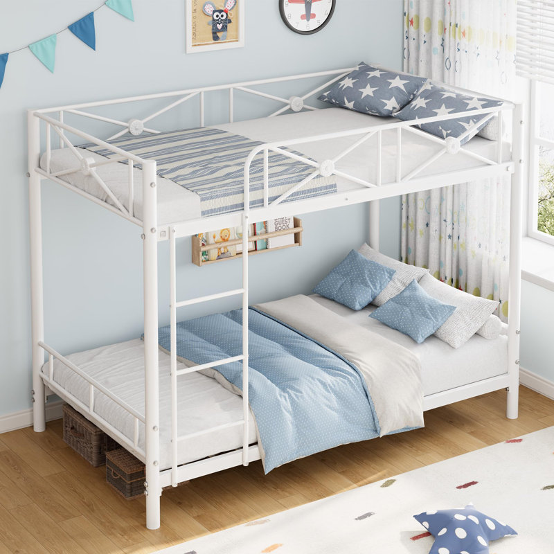 Twin-Over-Twin Metal Bunk Bed with Safety Guardrails, Heavy-Duty Steel Frame, Industrial Space-Saving Design, White