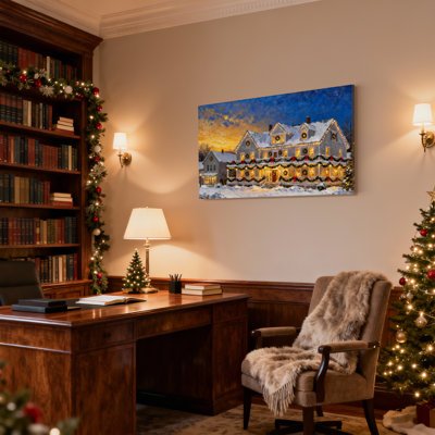 Christmas Christmas House Snowy Evening Lights Decorations Wreaths Garlands, ensemble de 3 impressions d'art sur toile