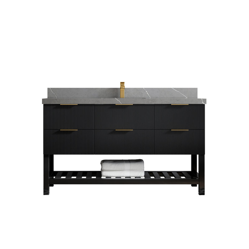 60'' Single Bathroom Vanity with Quartz Top, Piatra Gray