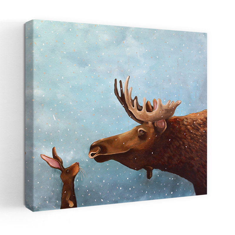 Orignal et lapin abstrait, art contemporain forêt d'hiver, H 48 po x l 48 po
