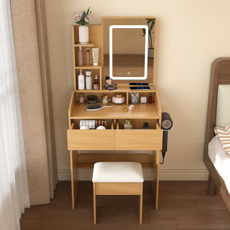 Table de coiffeuse avec miroir à DEL, prise de courant et support pour sèche-cheveux - espace pour la chambre à coucher, éclairage réglable moderne à 3 niveaux avec rangement intelligent, douille, tabouret de conception compacte