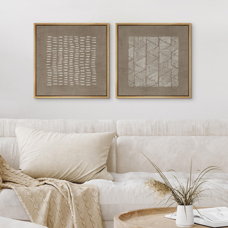 "Motifs de lignes minimalistes brunes sur fond texturé art moderne nordique" - 2 pièces, H 16 po x l 16 po