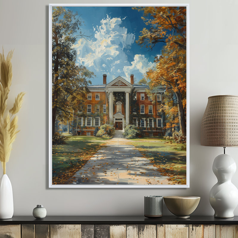 Édifice mural bleu et brun en été - Édifice collégial et universitaire, Cadre flottant blanc, H 16 po x l 32 po