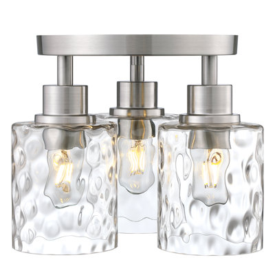 3-Light Semi Flush Mount Ceiling Light, Brushed Nickel Modern Farmhouse Close to Ceiling Light Fixture, Vintage Industrial Clear Water Glass Shade for Kitchen, Hallway, Foyer, 13-Inch