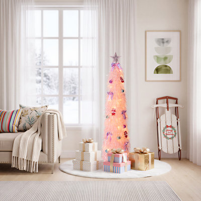 5ft Artificial Tinsel Christmas Tree, Pre-lit Faux Holiday Tree with Warm White LED Lights - Modern Slim Festive Tree for Apartment, Office & Party Decor (Pink / Neon Green)