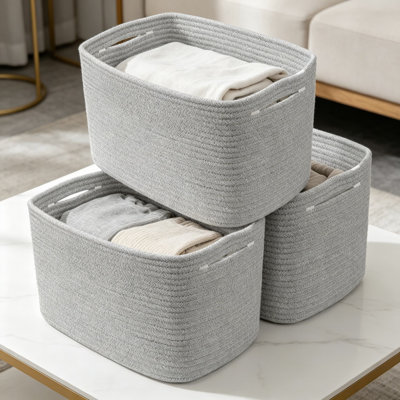 Cotton Rope Storage Basket Bins, 3 Pack, Rectangular Woven Basket For Organizing Shelves, Closet, Nursery, And Toys