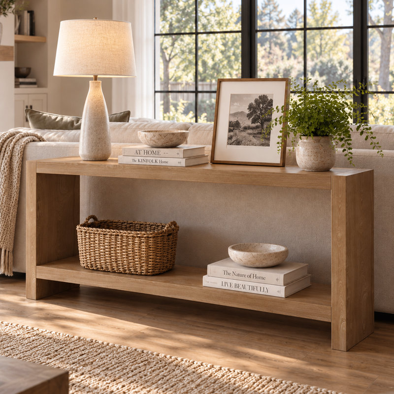 Console moderne de style campagnard à deux niveaux avec tablette ouverte et grand espace de rangement, idéale pour l'entrée, le salon, le couloir ou derrière un canapé. Parfait pour l'entrée, le salon ou pour se placer derrière un canapé.