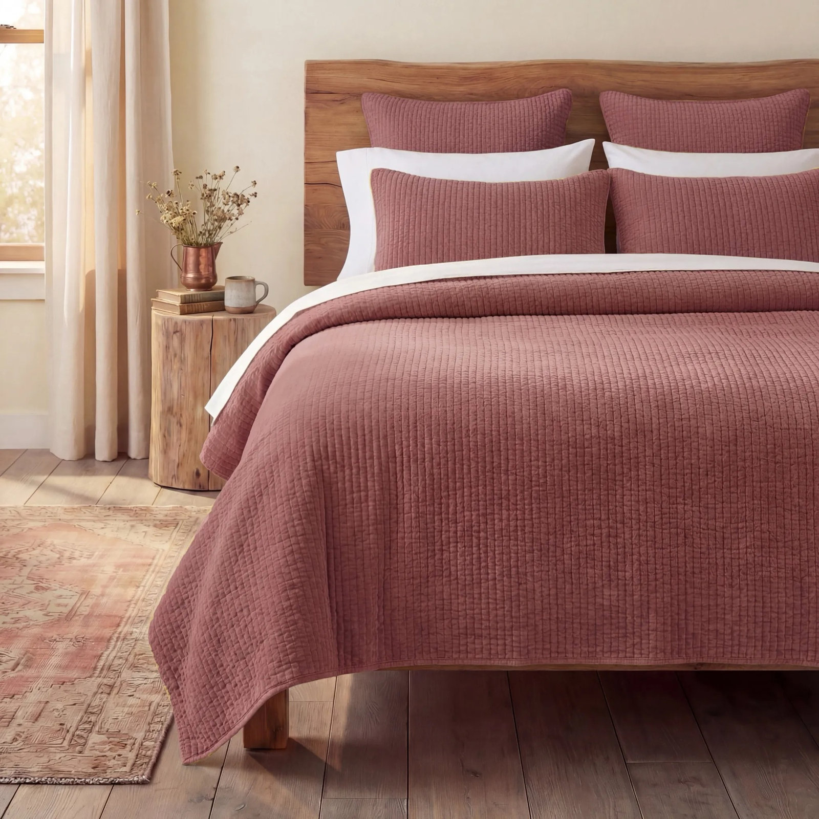 Stone Washed Cotton Velvet Quilt Set, Full/Queen Quilt + 2 Standard Shams, Salmon
