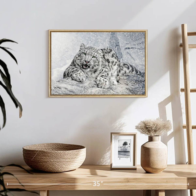 Léopard des neiges en blizzard, Cadre flottant en bois naturel, 19 po x 13 po